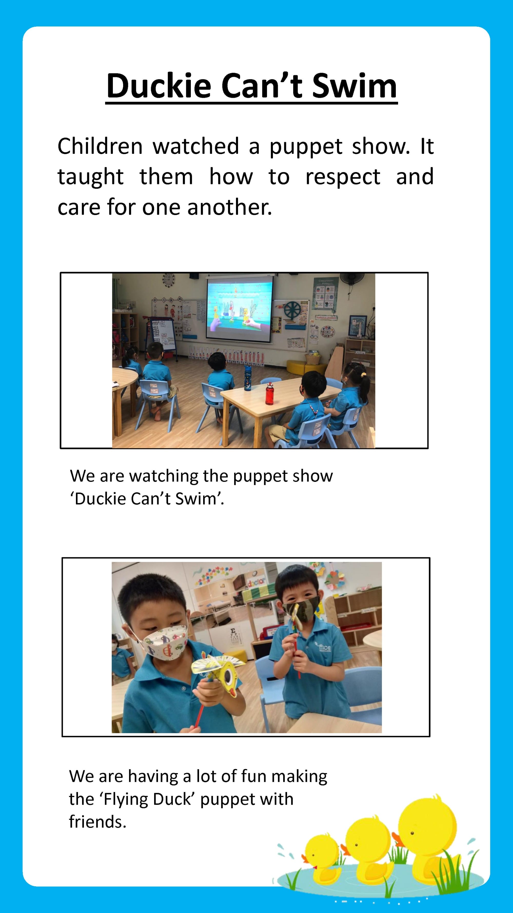 Children watch a puppet show about kindness and respect, then make “Flying Duck” puppets in a hands-on craft activity.
